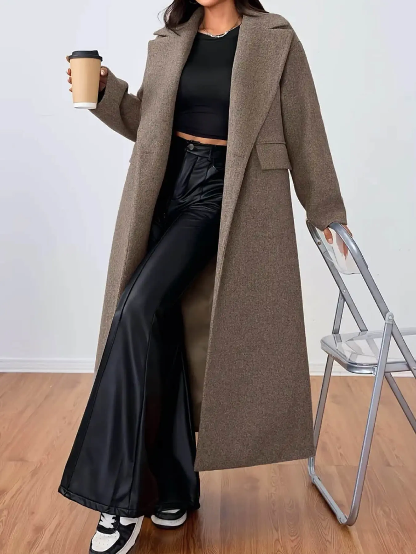 Women's Fashion Fall Winter Vintage Loose Fit Notched Collar Long Coat, Autumn Winter Outerwear, Suitable for Commuting, Indoor Outdoor Wear
