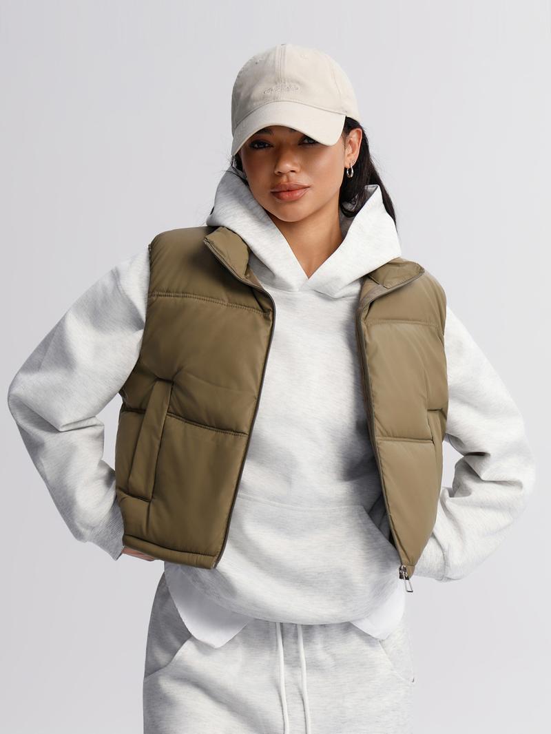 Women's Short Winter Warm Down Cotton Vest, Stand Collar Zip Design, Loose Fit Casual Fashion, Sporty Daily Wear