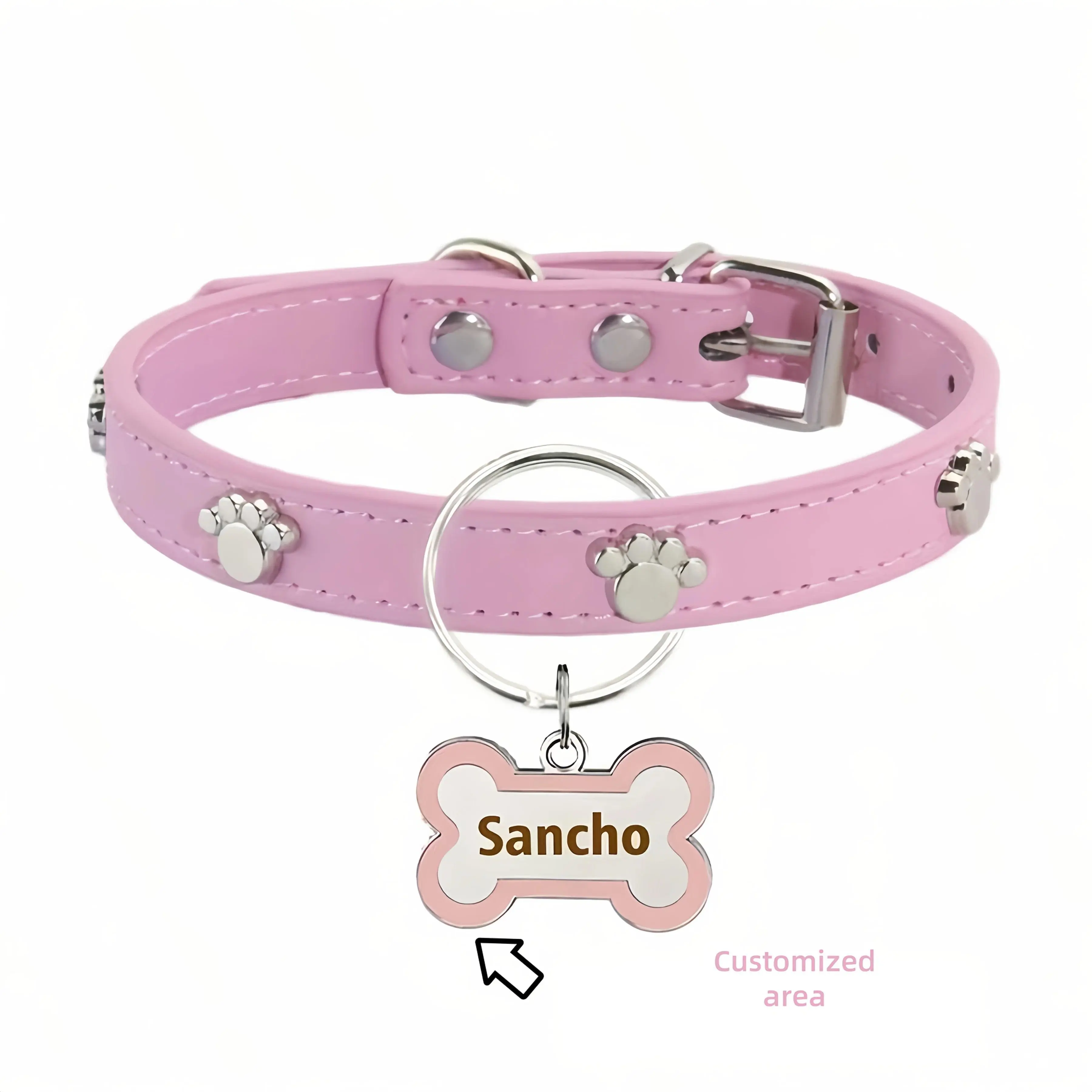 Customized Leather Dog Collar With Bone-Shaped Pet Tag, Double-Sided Engraved Pet Name And Phone, Metal Decoration Anti-Lost Foo