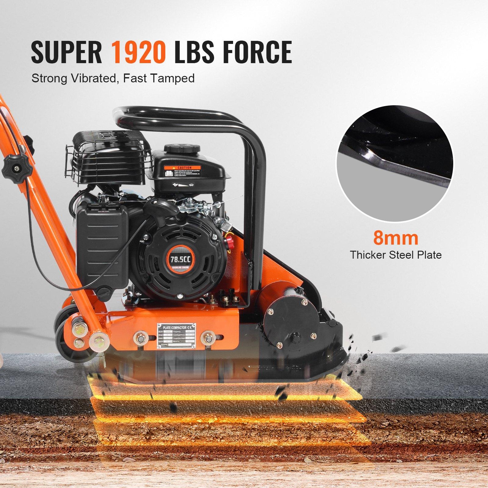 VEVOR Plate Compactor, 2.8 HP 98CC Gas Engine 5, 250 RPM, 1, 920 lbs Force Vibratory Compaction Tamper with 18.7x 11.8 inch Plate for Walkways, Patios, Asphalts, Paver Landscaping, EPA Compliant