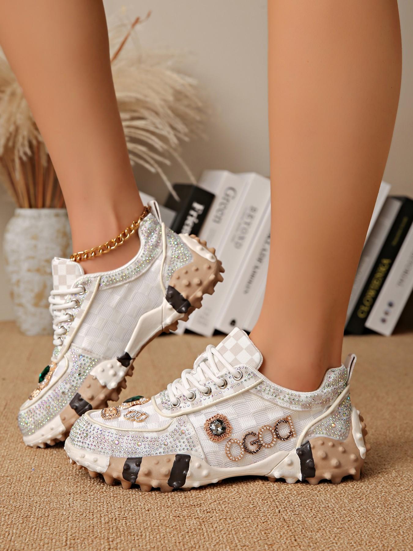 Women's Thick Sole Height Increasing Dad Shoes, Handmade Embellished Fashion Luxury Casual Women's Shoes, Unique Design Comfortable Sneakers