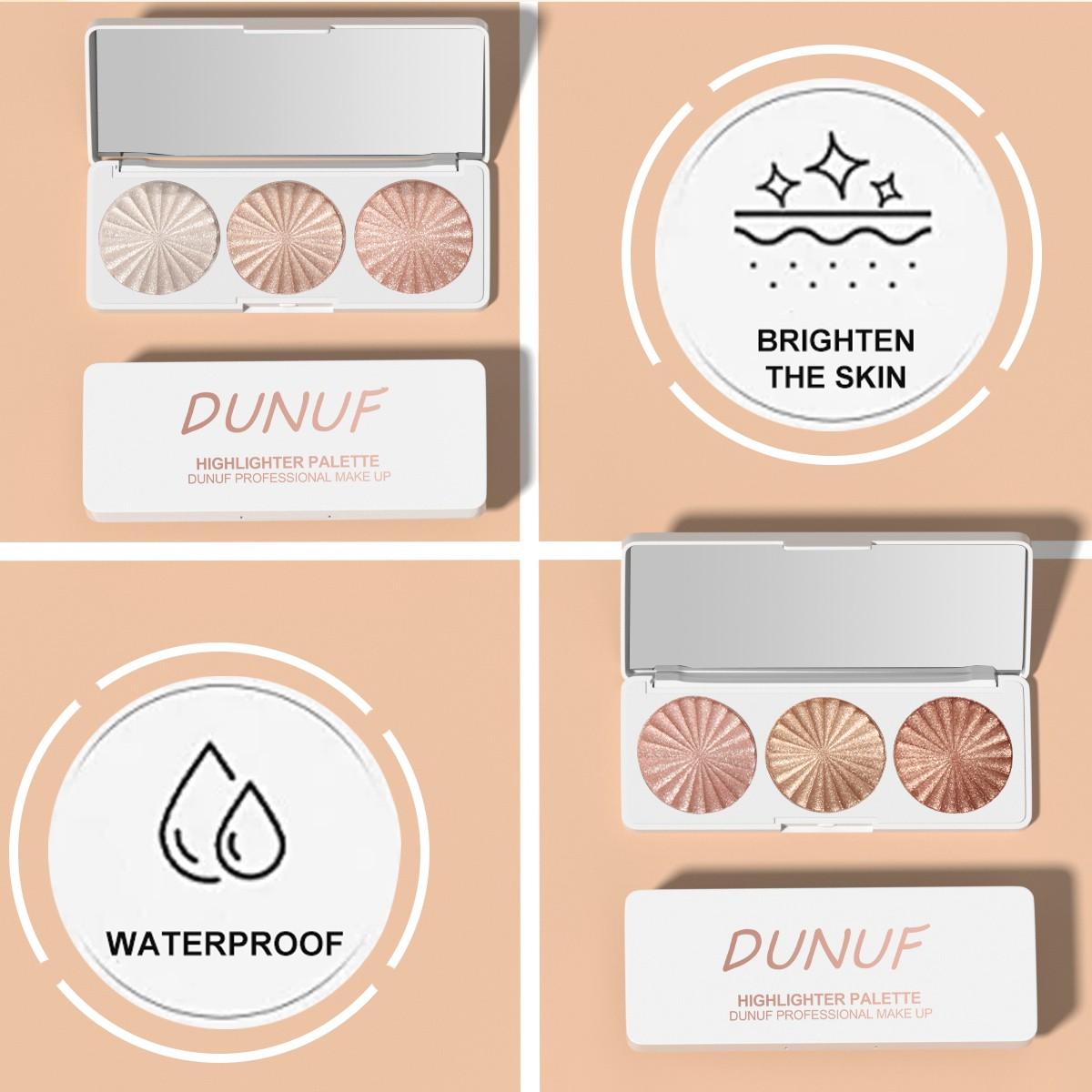 3-color highlighter palette, waterproof long-wearing multi-functional makeup palette. Available in 3 shades ranging from light pink to shimmering gold, it can be used as blush, contour, eyeshadow and facial brightener. This portable facial makeup product