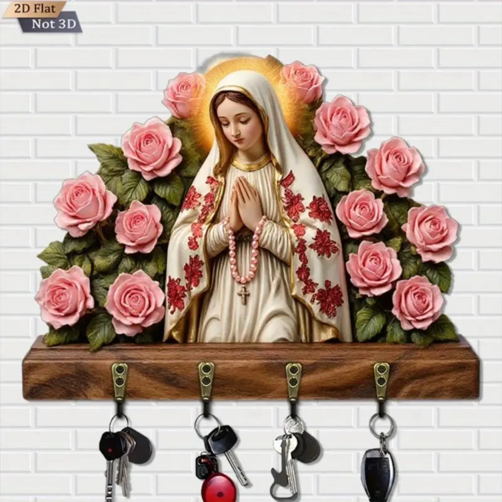 `Vintage Wooden Wall‑Mount Key Holder with 4 Hooks, Rose & Virgin Mary Art Wall Hanging Key Rack, Decorative Entryway Storage Organizer, Elegant Faith‑Inspired Religious Home Gift`