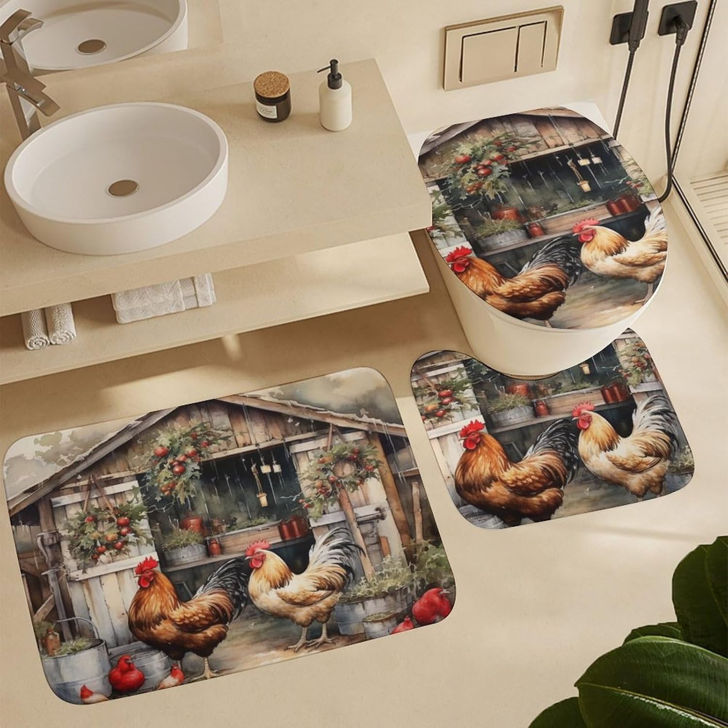 It's Just Chicken Time Shower Curtain 4 Piece Set Bathroom Shower Curtain Set with Rugs Rooster Chicken Holiday Durable and Waterproof for Bathroom Decor