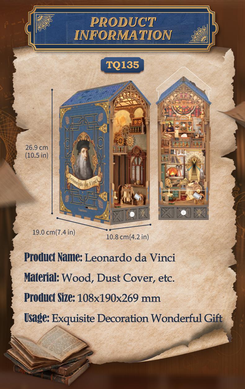 Tonecheer DIY Book Nook Kit for Adults, 3D Wooden Puzzle Bookend Miniature House Kit, Booknook Bookshelf Insert Decor with Dust Cover and LED Lights Gifts (Leonardo da Vinci)