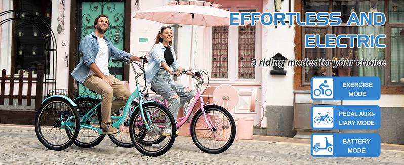 MOONCOOL MC 350 Electric Tricycle Trike for Adults 350W 36V Removable Battery 24 Inches 7 Speeds 3 Wheels Electric Bikes Bicycle for Adults, Three Wheel Electric Cruiser Tricycle ebike