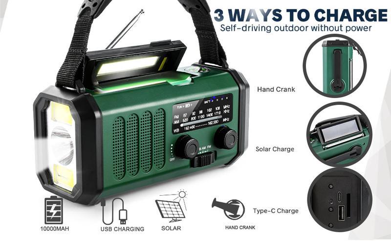 Solar Emergency Radio, 10000mAh Hand Crank Radio, NOAA AM FM Weather Radio with Flashlight & Reading Lighting Lamp, Phone Charger for Emergency