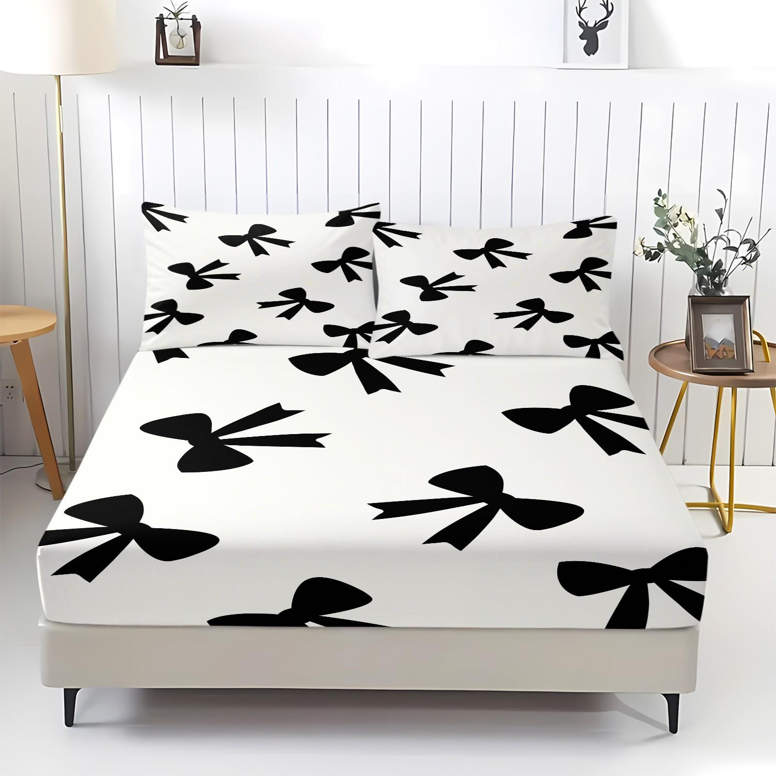 3Pcs Minimalist Bow Print Fitted Sheet Set, Cute Heart-Accented Bed Sheets for Bedroom, Warm Gift for Girls and Women