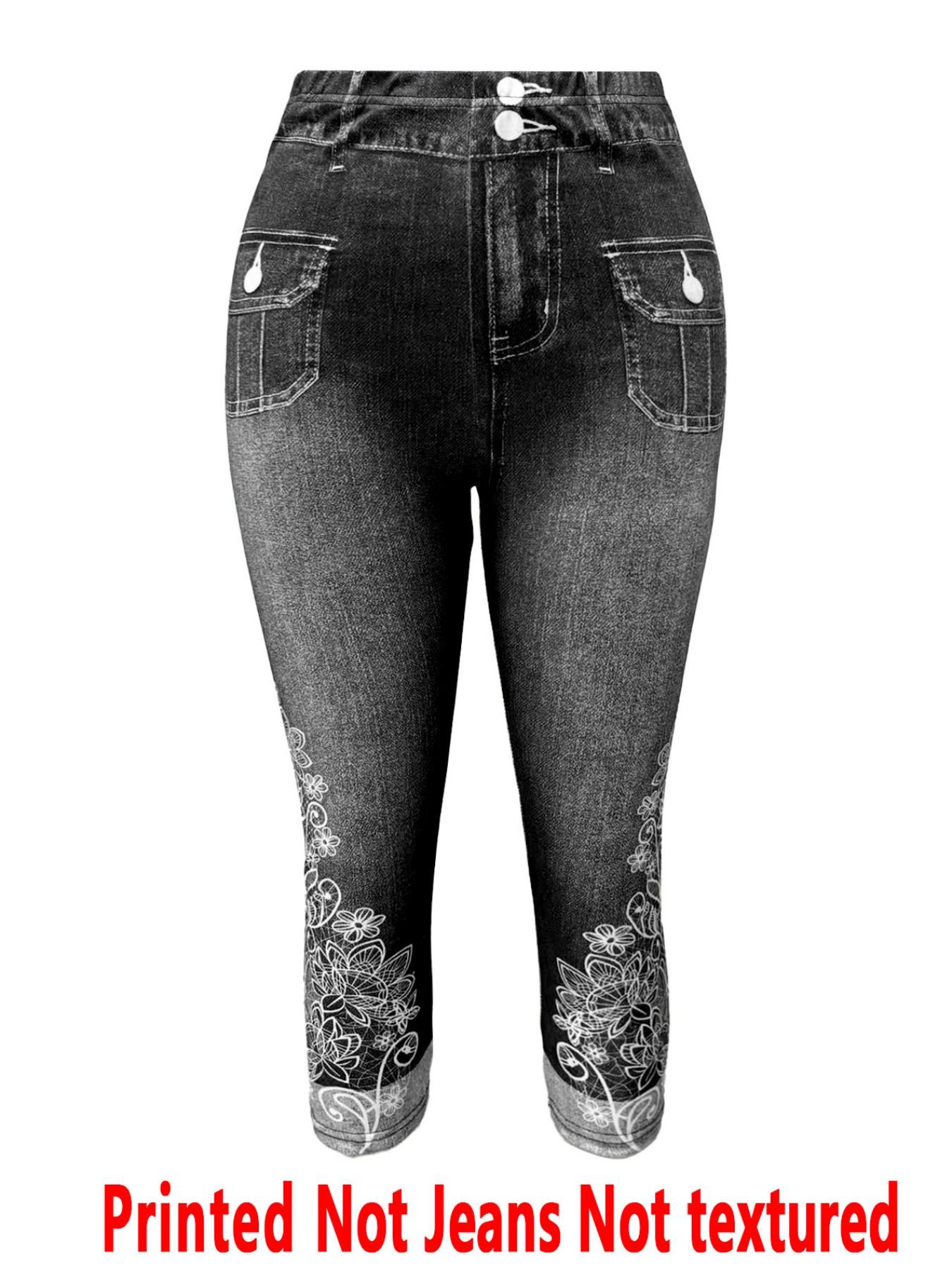 Lace Print Skinny Pants Non-Denim Fabric, Women's Seven-Inch Bottoms, Casual Fashion, All Seasons Wear, Comfortable Fit
