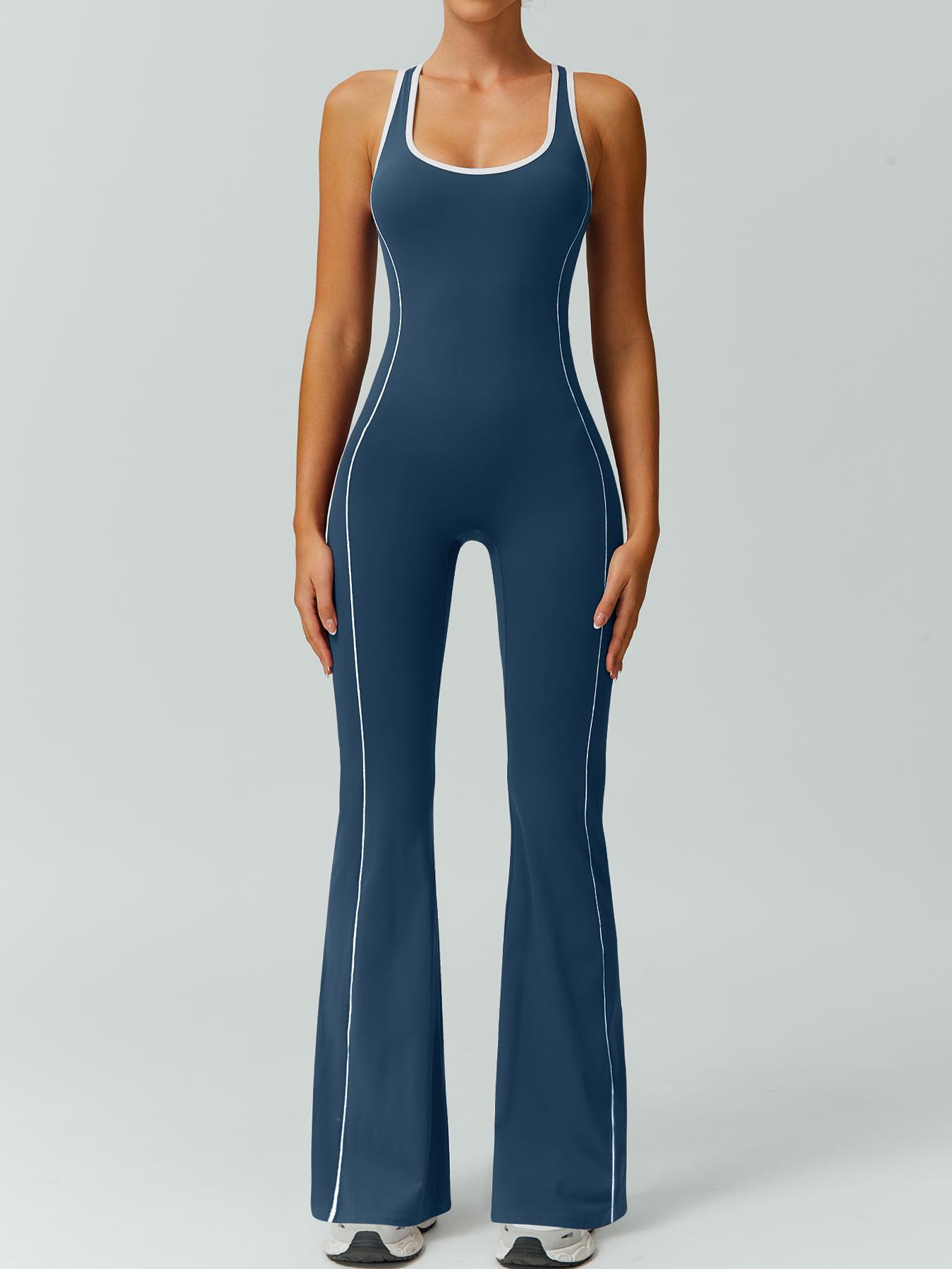 Women's color blocked backless jumpsuit comfortable and nude with a cinched waist sleeveless U-neck wide leg flared pants yoga clothes jumpsuit suitable for gym training outdoor running dancing tennis seasonal fashion contrasting Backless Sports Jumpsuit