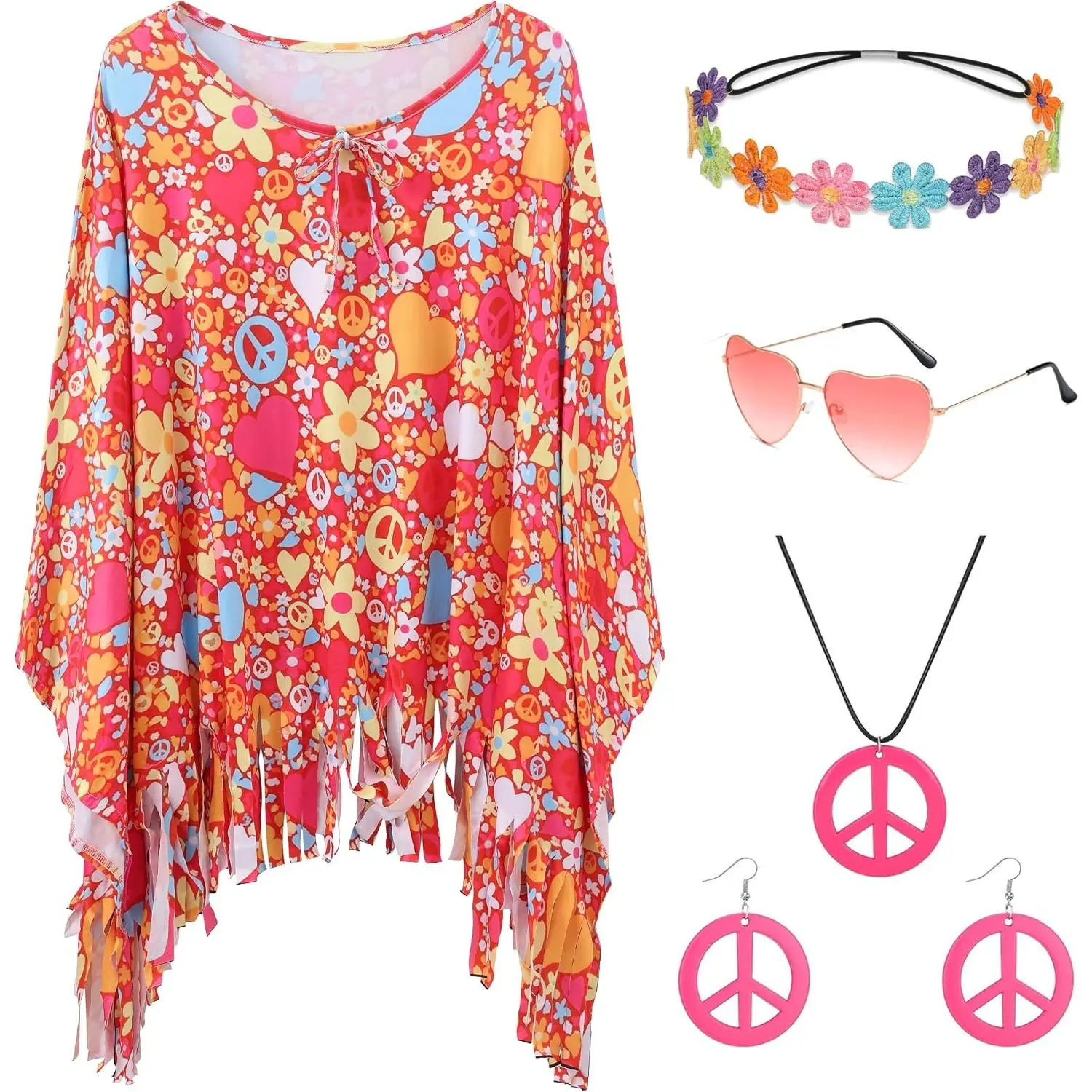 60s 70s Hippie Costume Accessories Tie Dye Top for Halloween |   6pcs Hippie Set for Women Flower Headband Tie Dye Tassel Boot Cover Peace Sign Necklace Earrings for Costume Party