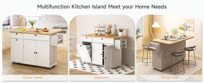 【Valentine's Day gift】ONBRILL 60" Kitchen Island with Power Outlet & Drop Leaf, Kitchen Rolling Island with Spice Rack & Towel Rack, Knife Holder, Kitchen Island Cart with Trash Storage Cabinet, Mobile Island Table for Kitchen