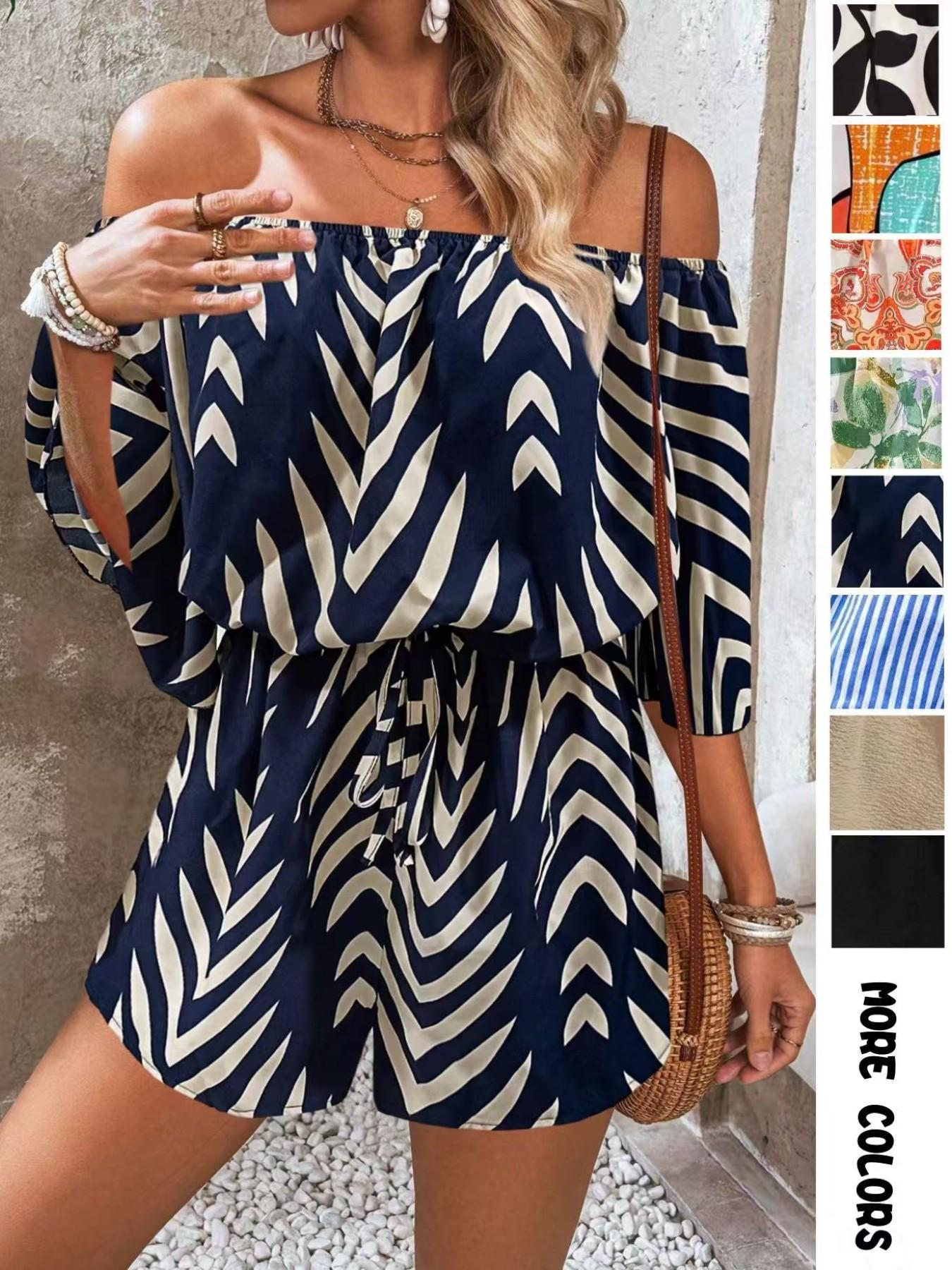 Women's Leaf Print Off Shoulder Tie Front Adjustable Lightweight Feminine Bohemian Romper. Casual Short Flounce Sleeve Romper for Summer. Fashion Women's Clothing Womenswear for Beach Holiday Vacation