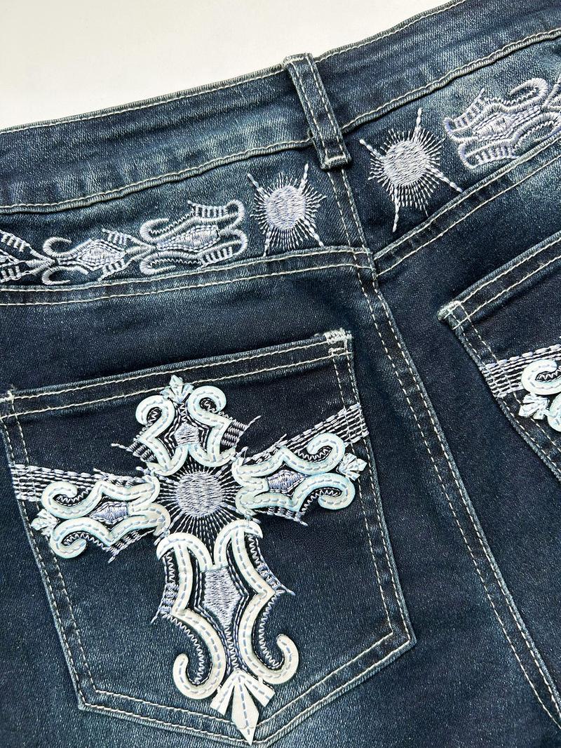 Grunge Punk Y2K Retro Poket Cross Wings Embroidered Flare Leg Fitted Stretch Jeans For Women,Bootcut Jeans