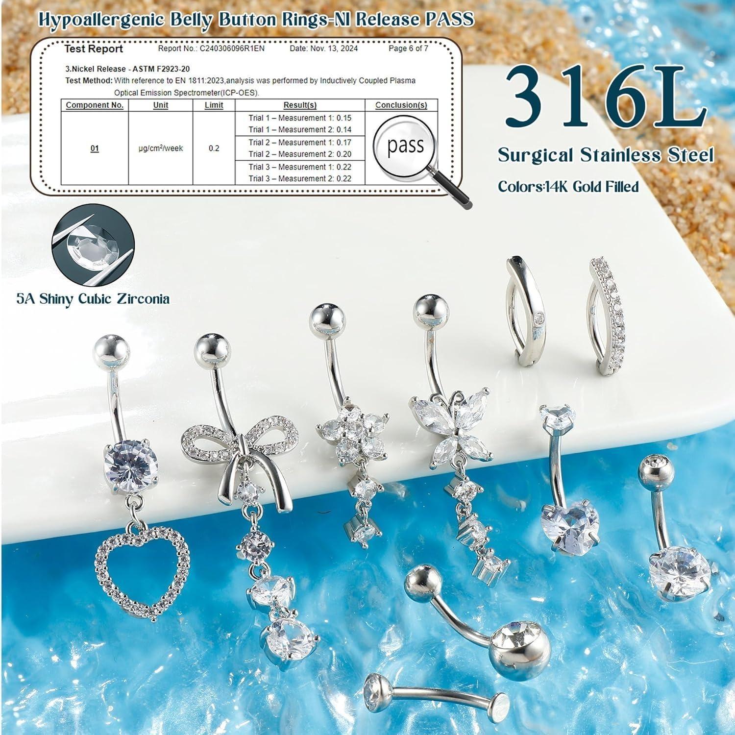 CASSIECA 10Pcs 14 Gauge Surgical Steel Rhinestone Heart Dangle Navel Piercing Rings, Women's Casual Short Clicker Belly Button Jewelry, Body Piercings Set for Summer Vibes, Belly Button Rings CASSIECA 10Pcs 14 Gauge Surgical Steel Rhinestone Heart Dangle Navel Piercing Rings, Women's Casual Short Clicker Belly Button Jewelry, Body Piercings Set for Summer Vibes, Belly Button Rings
