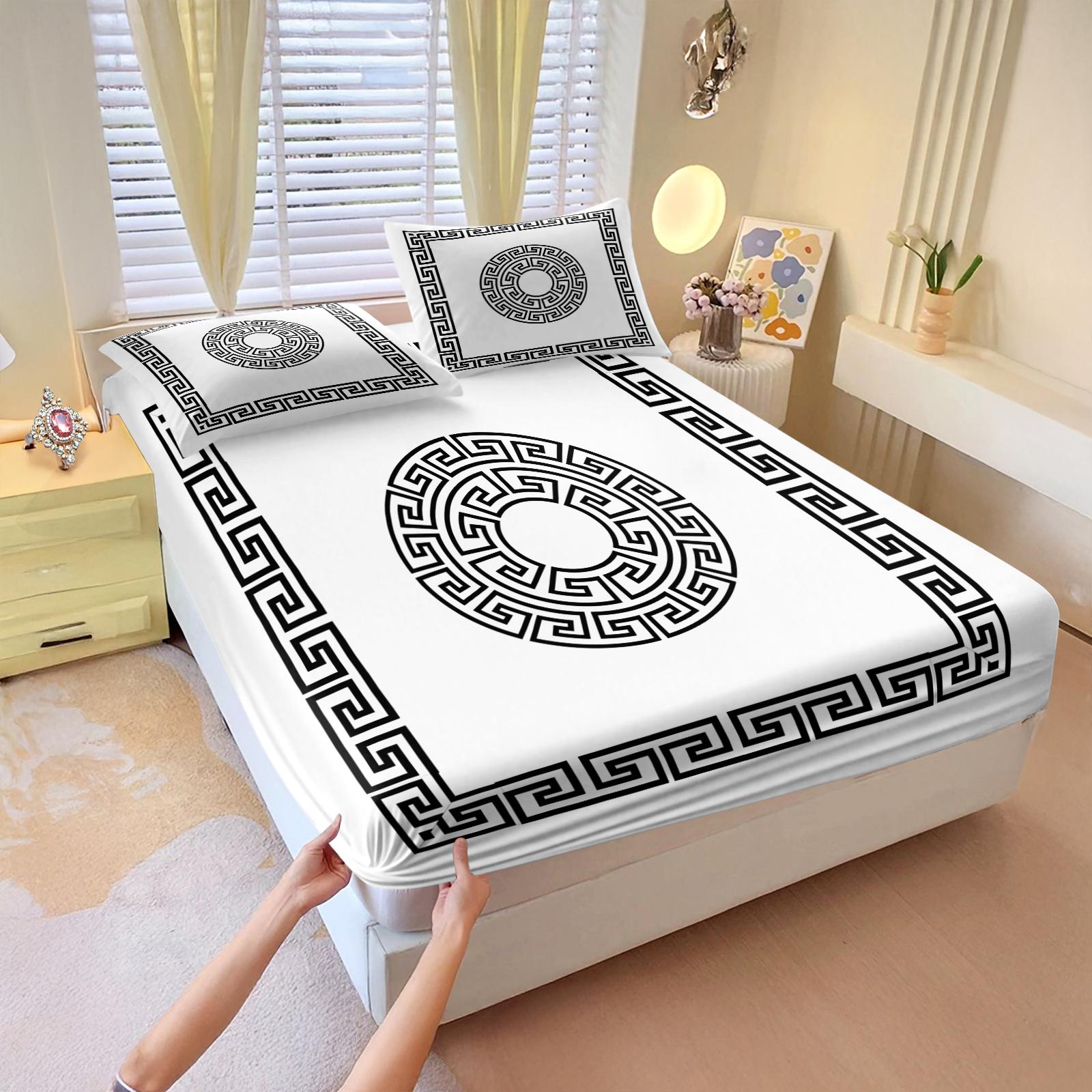 3 Pcs Solid Color Geometric Pattern Fitted Sheet Set,Includes 1 Fitted Sheet & 2 Pillowcases without Filler,Minimalist style, vintage and sophisticated look, soft and comfortable, Soft Bedding Sheet,Suitable for all seasons,Multiple styles available.