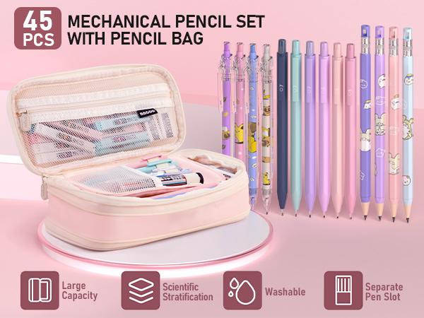 Nicpro 47Pcs Pastel Mechanical Pencil Set With Big Capacity Pencil Case, Cute Mechanical Pencils 0.5, 0.7, 0.9 & 2mm Lead Holder with 4B 2B HB 2H Color Lead Refills Eraser for Student Writing Drawing