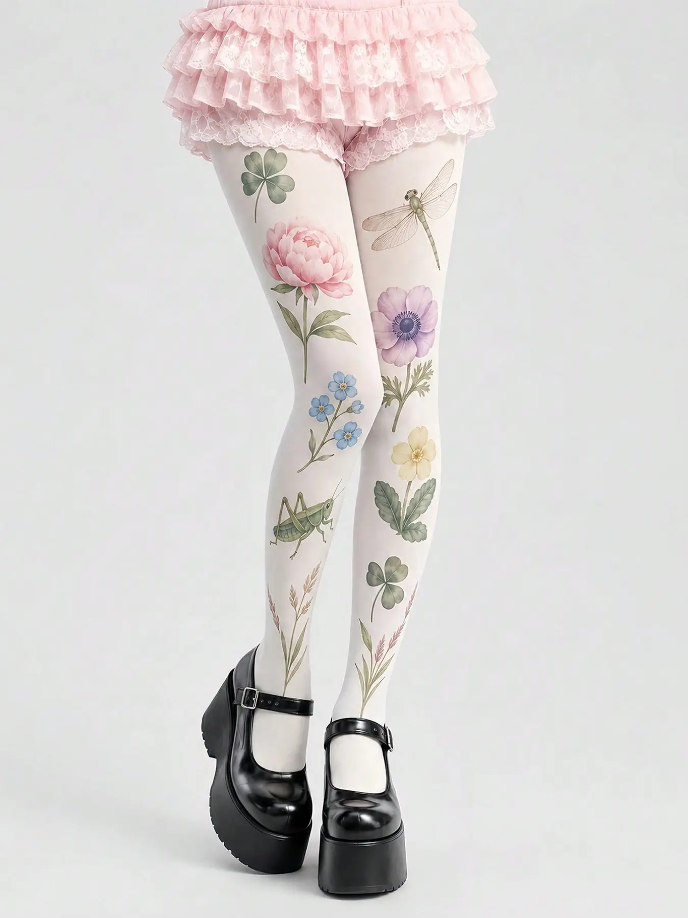 Women's Velvet Plant Print Leggings, Floral Dragonfly & Grasshopper Pattern, Cute Fairy Style, Daily & Party Wear, Everyday, Spring/summer