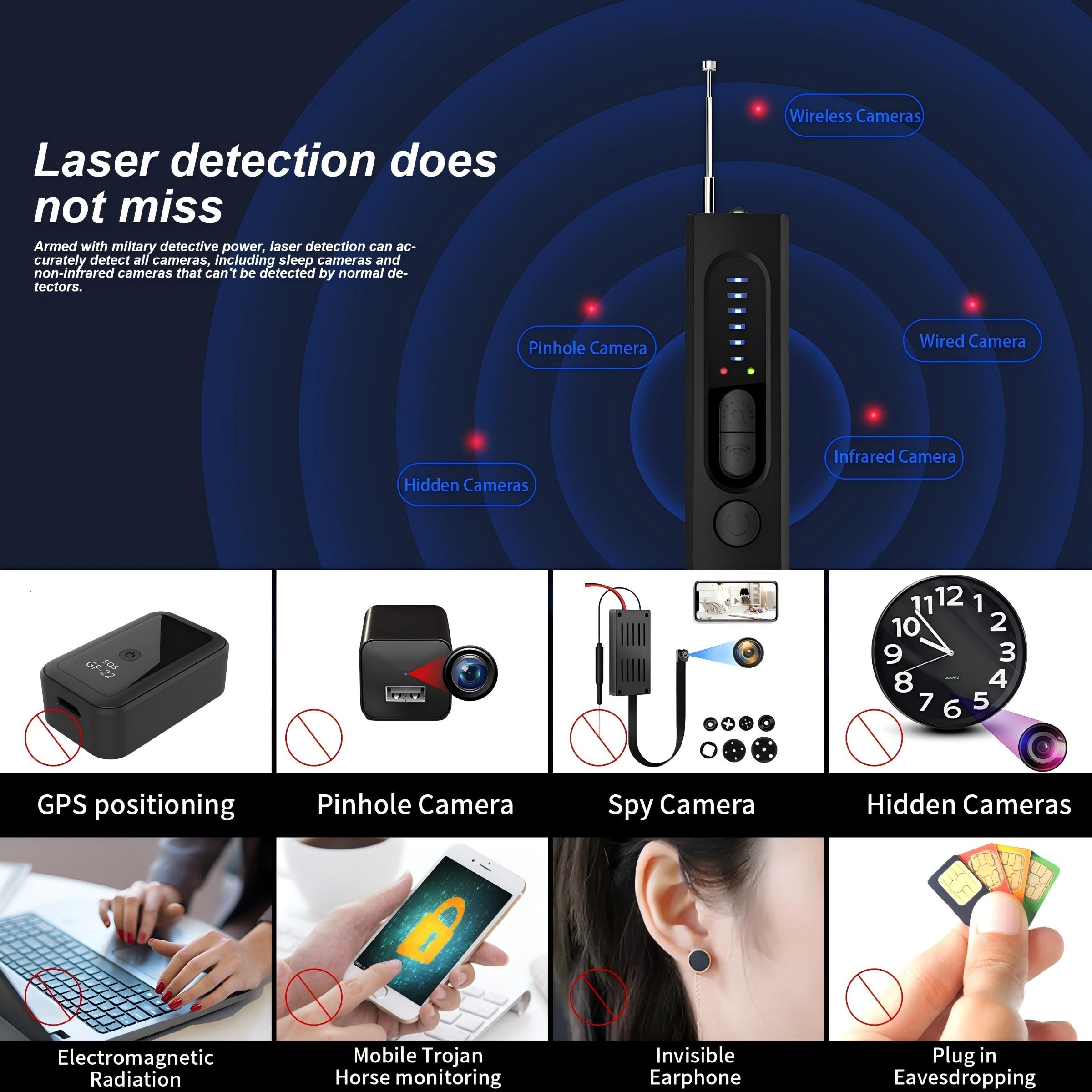 Mini Spy Detector, Signal Detection Camera, Long Battery Life Sound Alarm, Six Adjustable Levels, Infrared Light, Portable for Hotel Office Travel Car