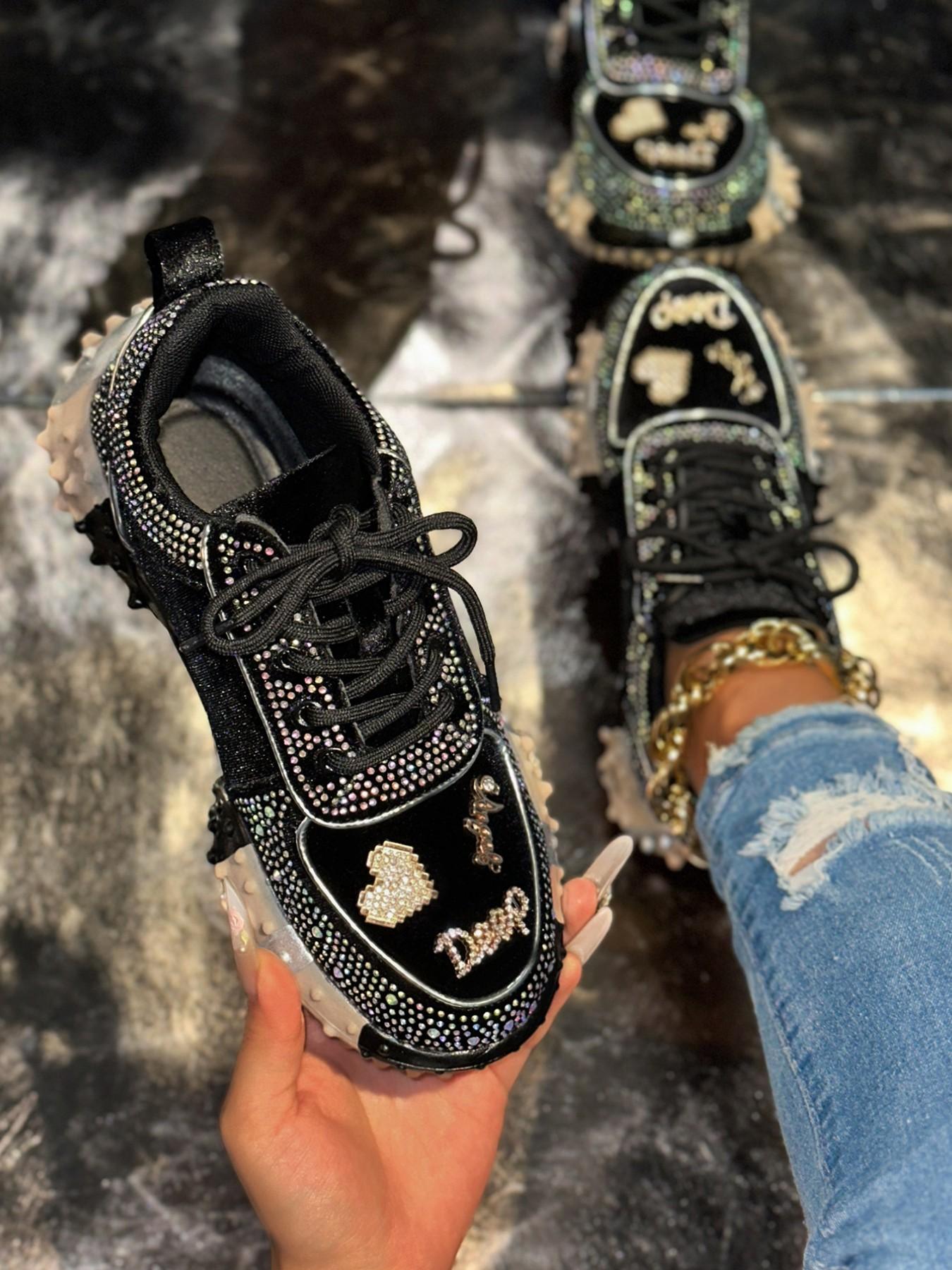 Women's Rhinestone Chunky Sole Dad Shoes, Y2K Style Sparkling Heart Decorations, All Season Fashion Sneakers