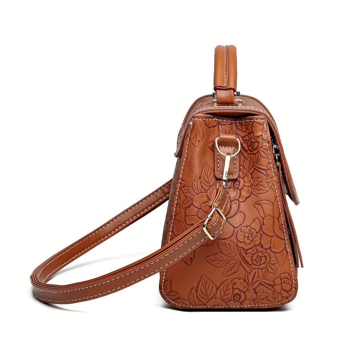 Ladies' Elegant Flower Embossed Handbag - Brown/Red/Black