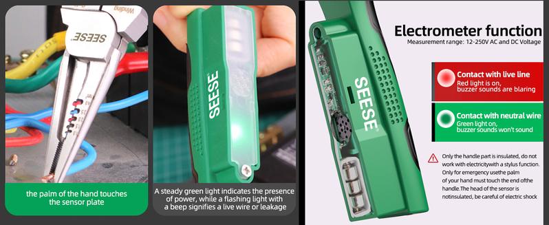 SEESE 8-in-1 Wire Stripper for Electrician: Needle Nose Pliers with Voltage Tester & Dual Alarms - Electrical Pliers for Cutting Wires, Pulling Wires and Crimp Wires