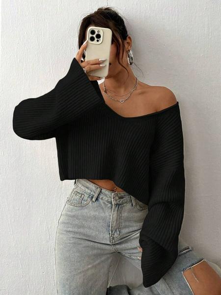 Casual Solid Color V Neck Drop Shoulder Crop Ribbed Knit Sweater