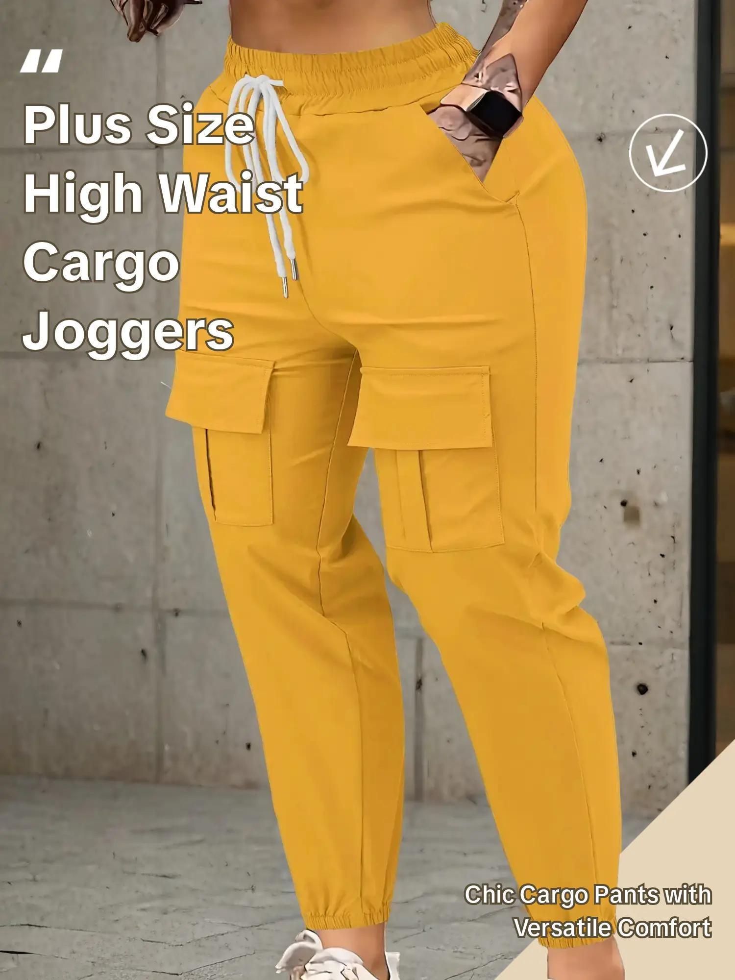 [Plus Size] Solid Fitted Drawstring Waist Cargo Pants, Casual Pocket High Waist Jogger Pants for Daily Wear, Women's Bottoms for All Seasons, Casual Streetwear Pants