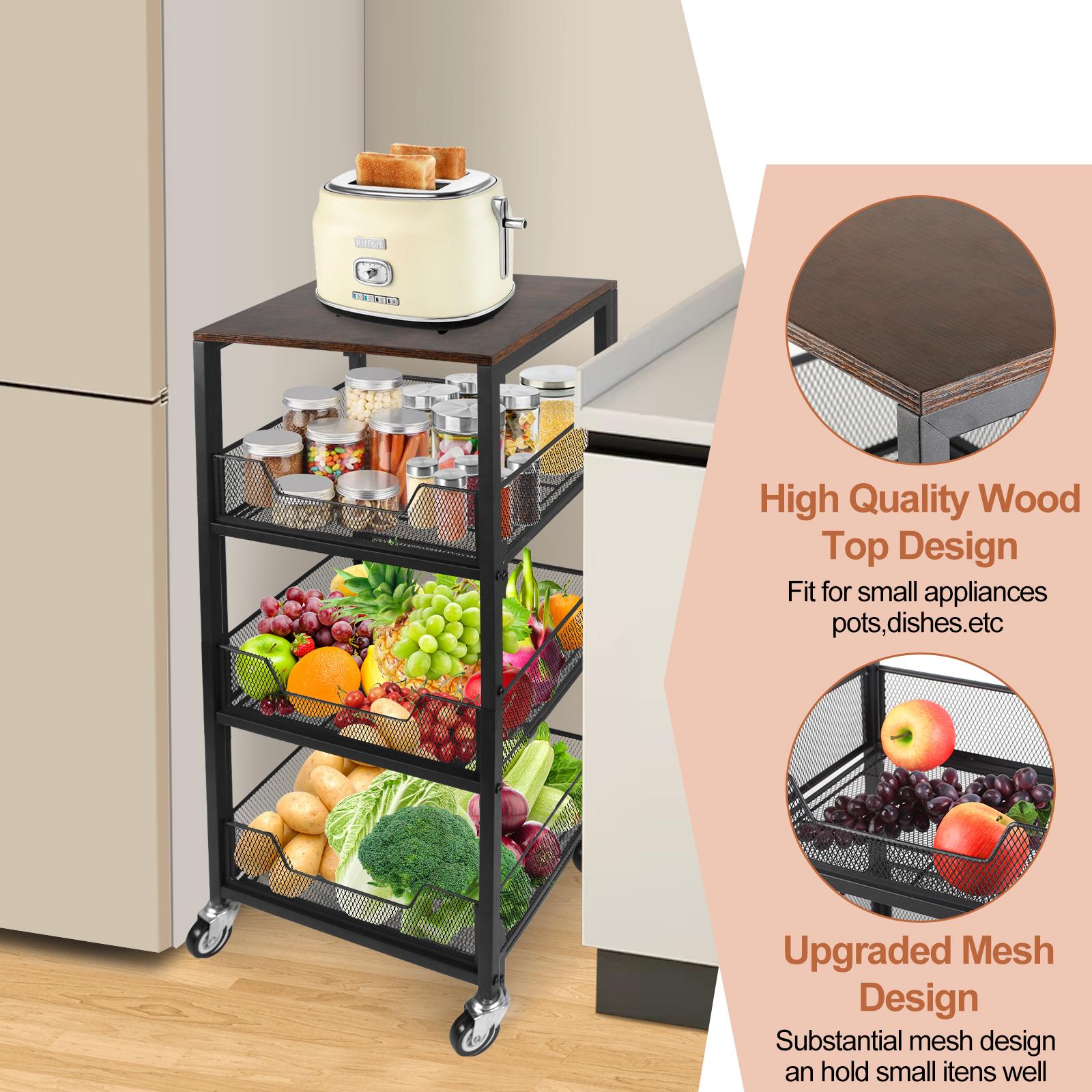 3-Tier Rolling Kitchen Utility Cart with Wood Top & Mesh Baskets - Mobile Storage for Fruits, Vegetables, Pantry, Laundry & More