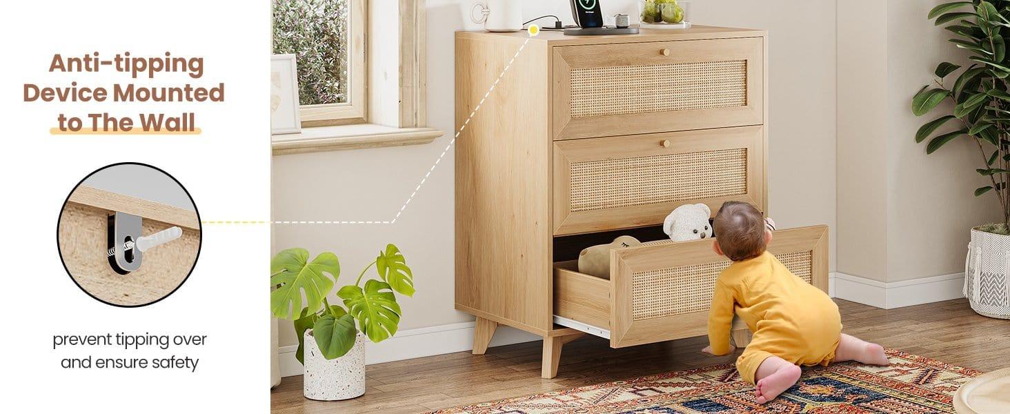 Sikaic Rattan Nightstand with Charging Station Boho Bedside Table with 3 Large Wicker Decorated Drawers Wooden Furniture Sikaic Rattan Nightstand with Charging Station Boho Bedside Table with 3 Large Wicker Decorated Drawers Wooden Furniture
