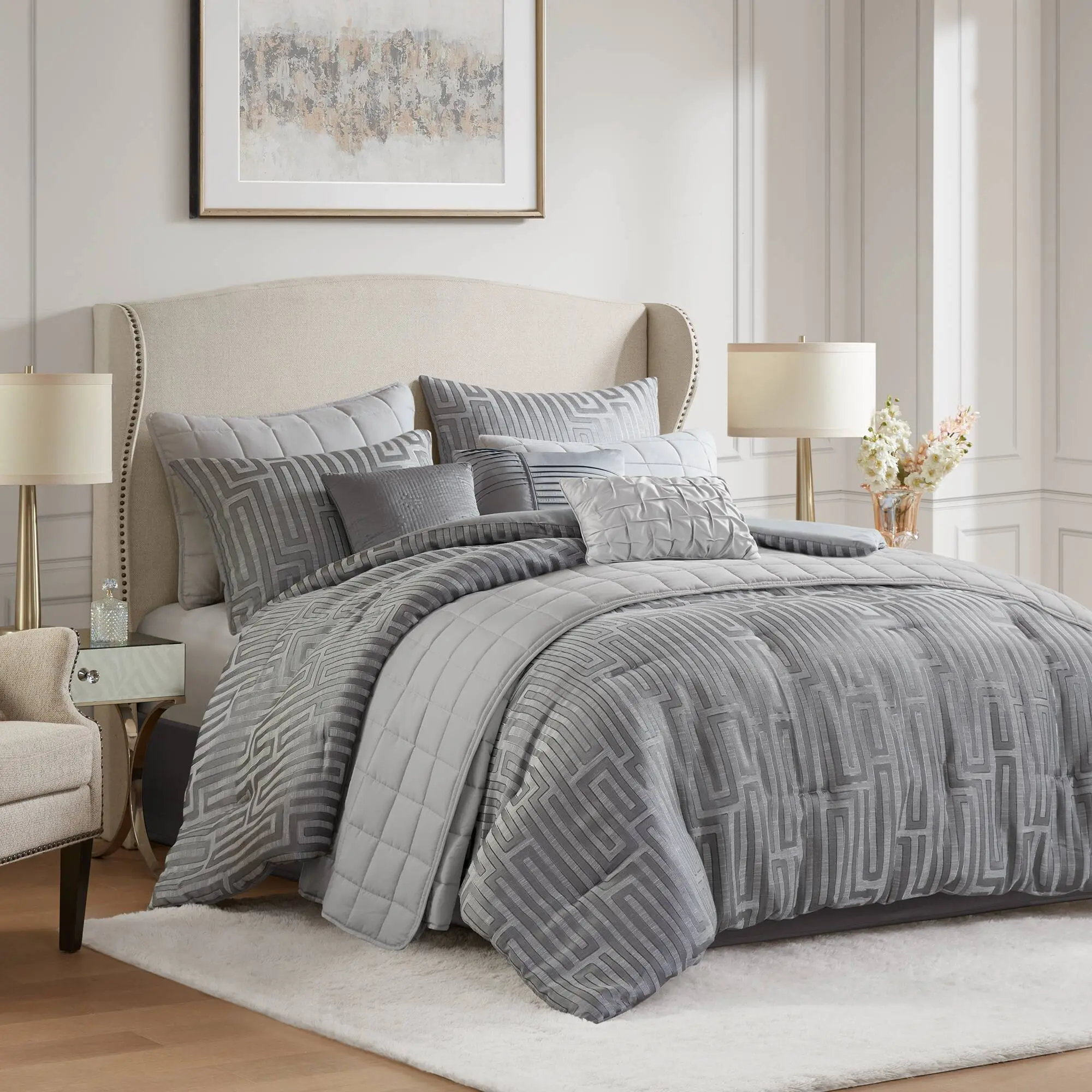 Nokaa 10-Piece Queen Luxury Jacquard Comforter Set Grey Bedding Ensemble with Comforter, Quilt, Shams, Decorative Pillows, Bed Skirt for All-Season Comfort and Elegant Bedroom Decor