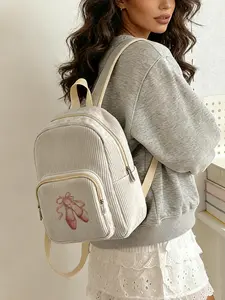 1 piece of pink ballet shoes pattern 2D printed lady's backpack, corduroy texture + layered storage + light weight reduction | perfect for students going to class/shopping/short trips | combining atmosphere and practicality