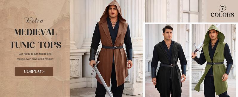 Runcati Mens Renaissance Costume Hooded Surcoat Medieval Knight Sleeveless Tunic Tops Tabard Viking Holloween Cloak Runcati Mens Renaissance Costume Hooded Surcoat Medieval Knight Sleeveless Tunic Tops Tabard Viking Holloween Cloak