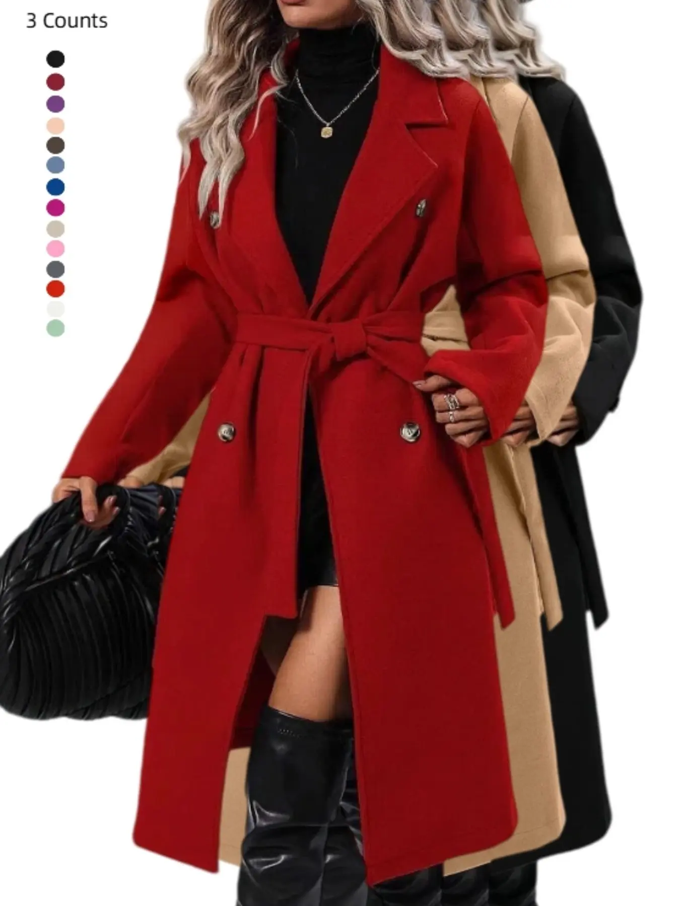 Women 1/3 Piece Lapel Collar Long Coat, Double Breasted Waist Belted, Loose Fit Elegant Outerwear