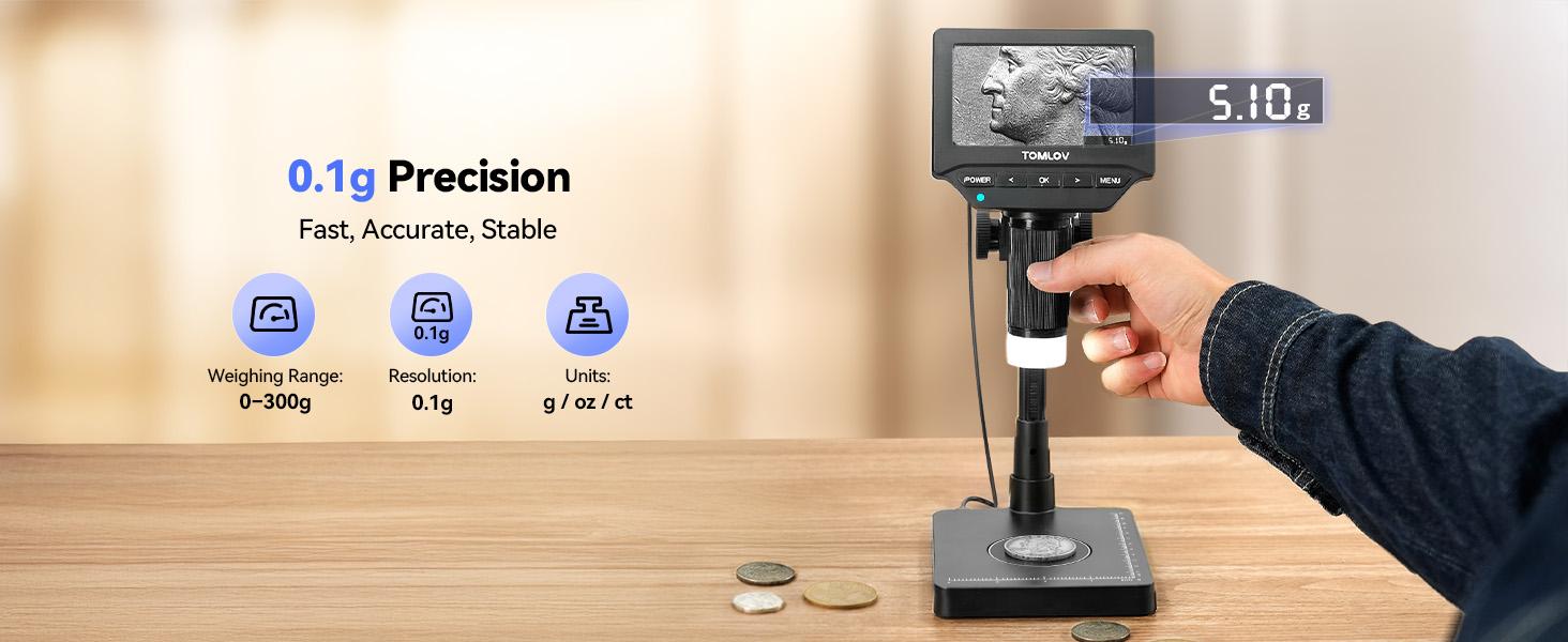 TOMLOV DM4W Microscope with Weighing Scale: 4.3" Digital Coin Microscope with Screen, Error Coin Magnifier with Lights, Weight Scale for Collectors, Jeweler, Students, Compatible with Windows/Mac