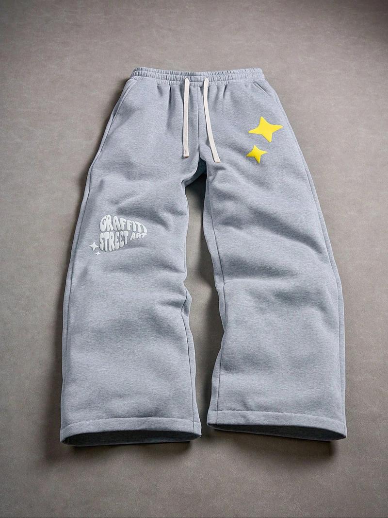 Unisex Street Style Jogger Pants, Hip-Hop Letters & Stars Print, Loose Straight Fit, Fall&winter, Casual Rock Skateboarding