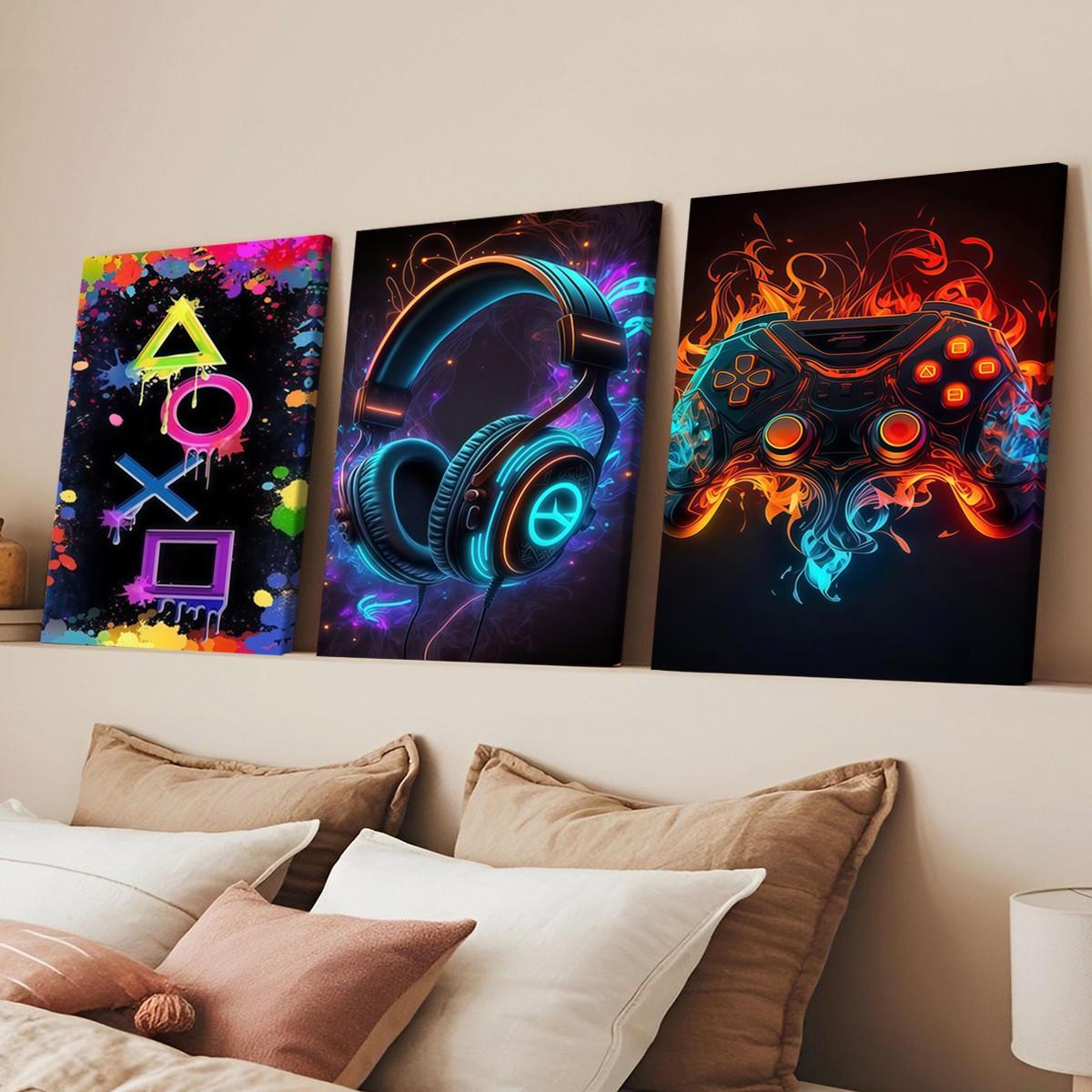 3-count wooden frame canvas, neon ink-wash game buttons, headphone controllers, e-sports triple poster, fashionable art, modern art, home decoration painting, Framed Home Decor, exquisite living room, bedroom and office wall art, waterproof art