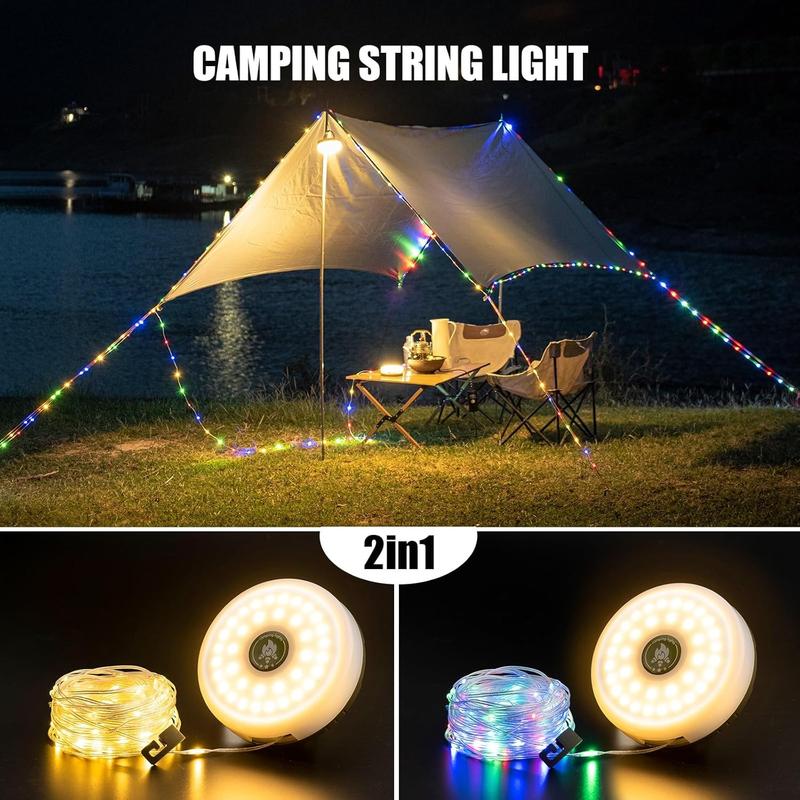 Camping String Lights, 4 in 1 Quick Storage 33FT Rechargeable Tent Lights String with 8 Lighting Modes, Hanging Waterproof Portable LED Lamp for Outdoor Patio Awning Party Essentials
