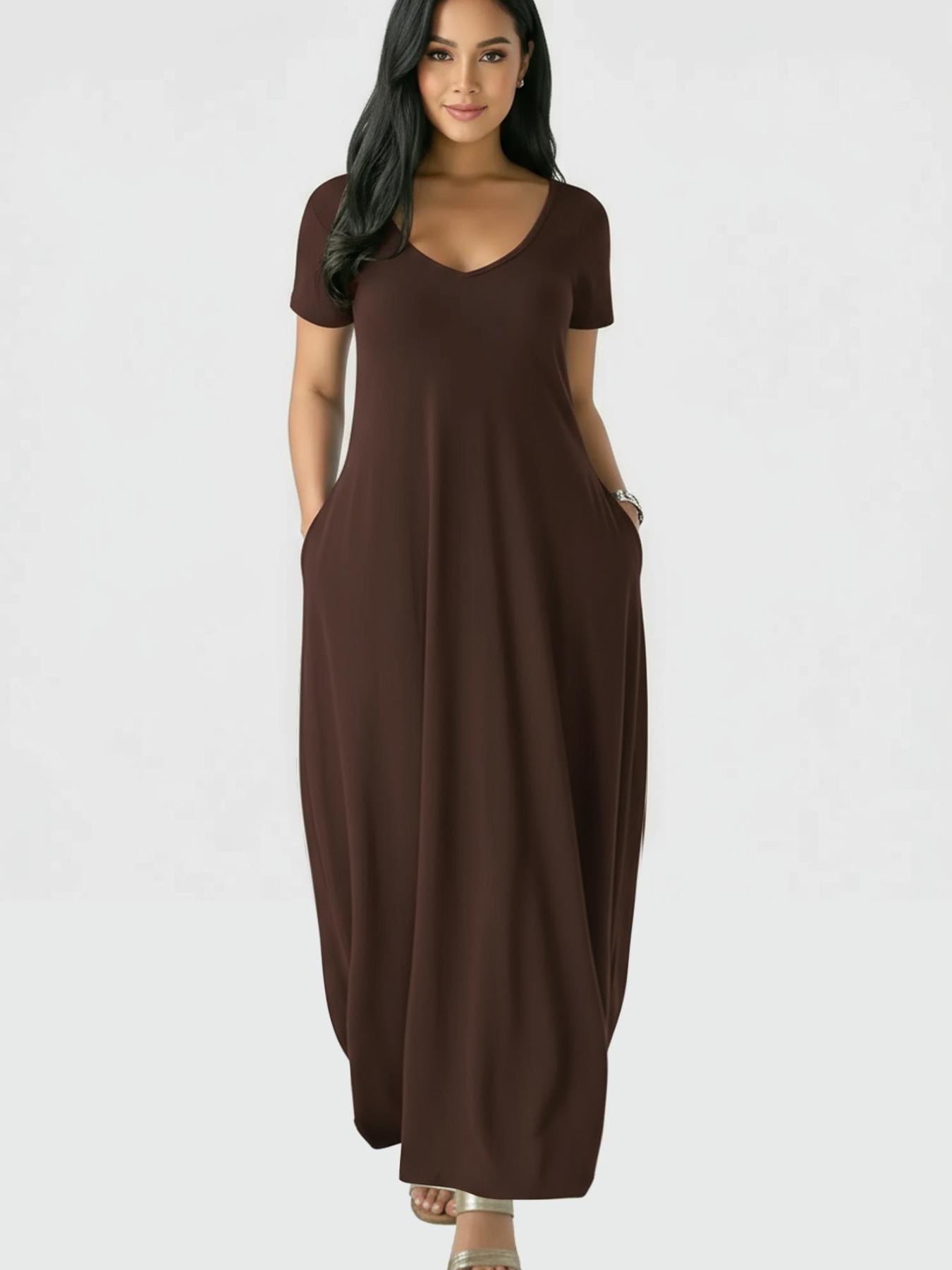 Women's Long Fitted Coffee Dress, Large Round Neck Short Sleeve Pocket Sleepwear, Casual Home Clothing Soft Fabric All Seasons Wear Women's Long Fitted Coffee Dress, Large Round Neck Short Sleeve Pocket Sleepwear, Casual Home Clothing Soft Fabric All Seasons Wear