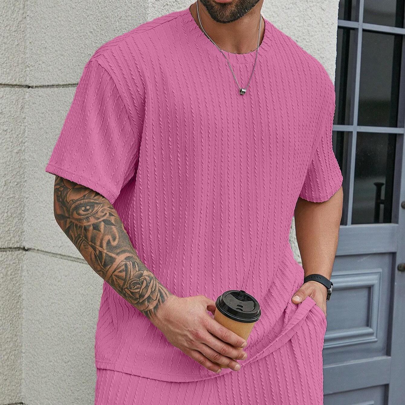KZZ Men's Premium 2-Piece Plain Casual Shorts Set - Solid Textured Drop Shoulder Round Neck Tee & Drawstring Shorts, Relaxed Loose Fit, Machine Washable, Fashion Spring Summer Menswear, Christmas Gifts for Him