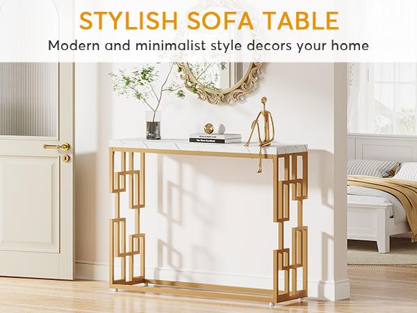 LITTLE TREE Gold Console Table, Modern 42.5" Sofa Tables Entryway Hallway Foyer Table, White Faux Marble Tabletop Sofa Table Behind Couch with Gold Metal Legs for Living Room, Easy Assembly