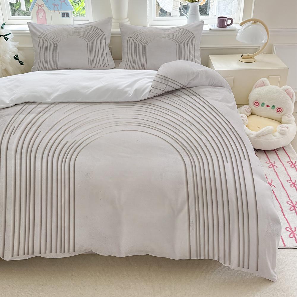 3pcs Arched lines on beige background bedding set (1*Duvet Cover + 2*Pillowcase, Without Core)+The fabric is soft, comfortable and breathable for bedroom guest room hotel dormitory rooms