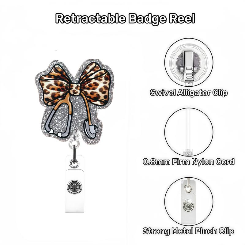 Sparkle Stethoscope Bow Badge Clip Set, Includes Fluorescent Pen & Multicolor Ballpoint Pens, Transparent Card Case, Retractable Keychain Design, Nurse Badge Reel