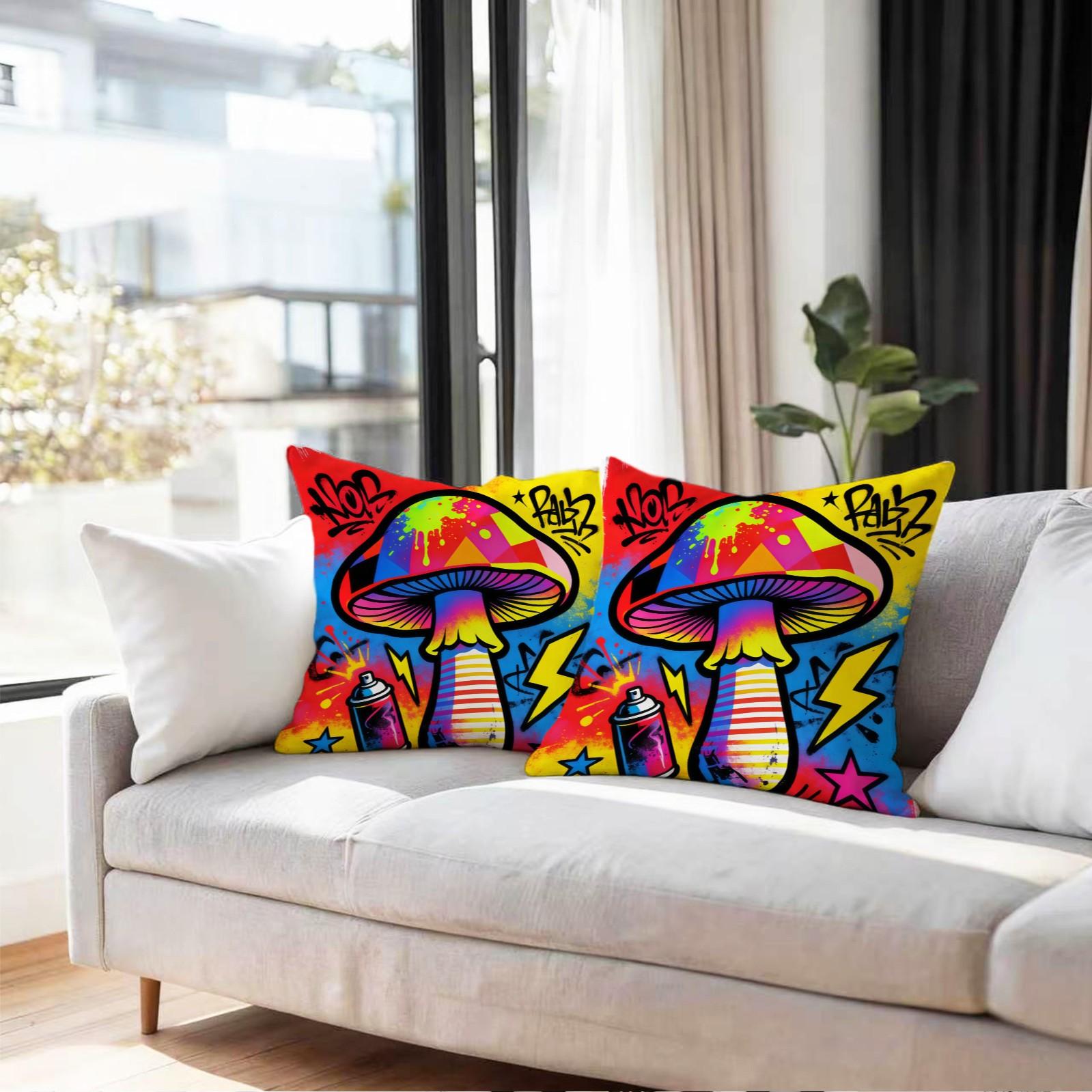 Lightning Mushroom Pattern Pillowcase and Cushion, Soft Polyester Home Decor, Sofa and Bed Headrest, Moving and Holiday Gift