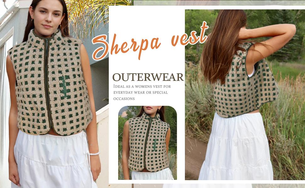 Tanming Womens Spring Checkered Sherpa Vest Sleeveless Fleece Jacket Zip Up Plaid Gilet with Pocket Casual Layering Tops