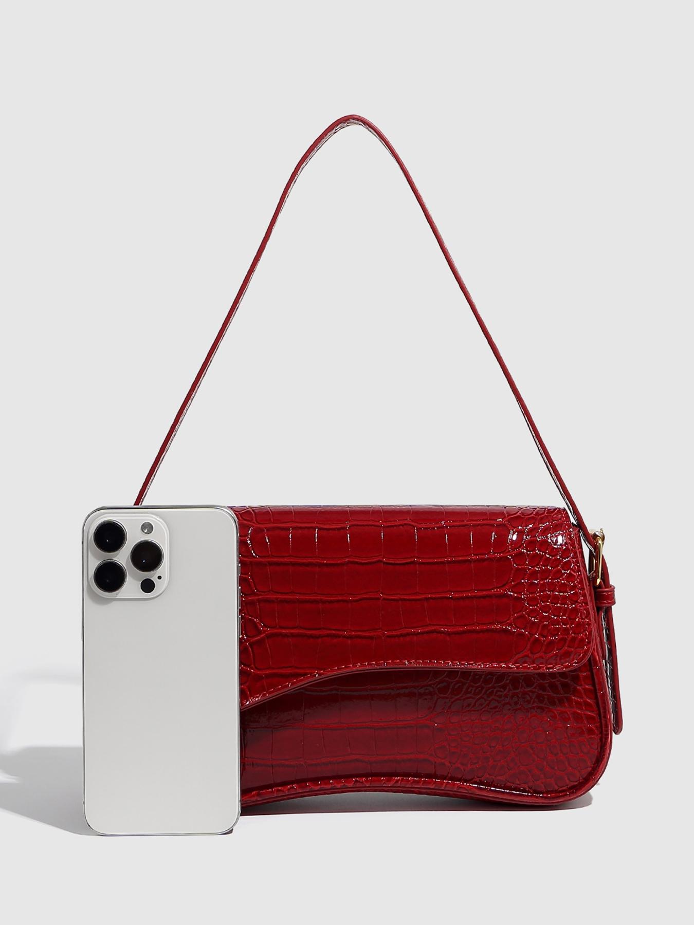 Women's Vintage Minimalist Wine Red Square Bag, Classic Crocodile-Pattern PU Leather Flap Shoulder Bag, Versatile for Commuting and Parties