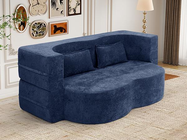 78" Convertible Sofa Bed with Pillows Queen Sleeper Sofa,Foam Folding Mattress Sleeper Modern Teddy Fabric Floor Cushion and Futon Chaise Lounge Sofa,For Apartments,Guest Rooms,Guest Use,Condo,Blue