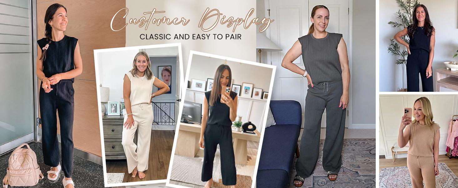 Ommig Women's 2 Piece Outfits Sweater Sets Knit Sleeveless Pullover Tops High Waist Pants Lounge Sets Tracksuits