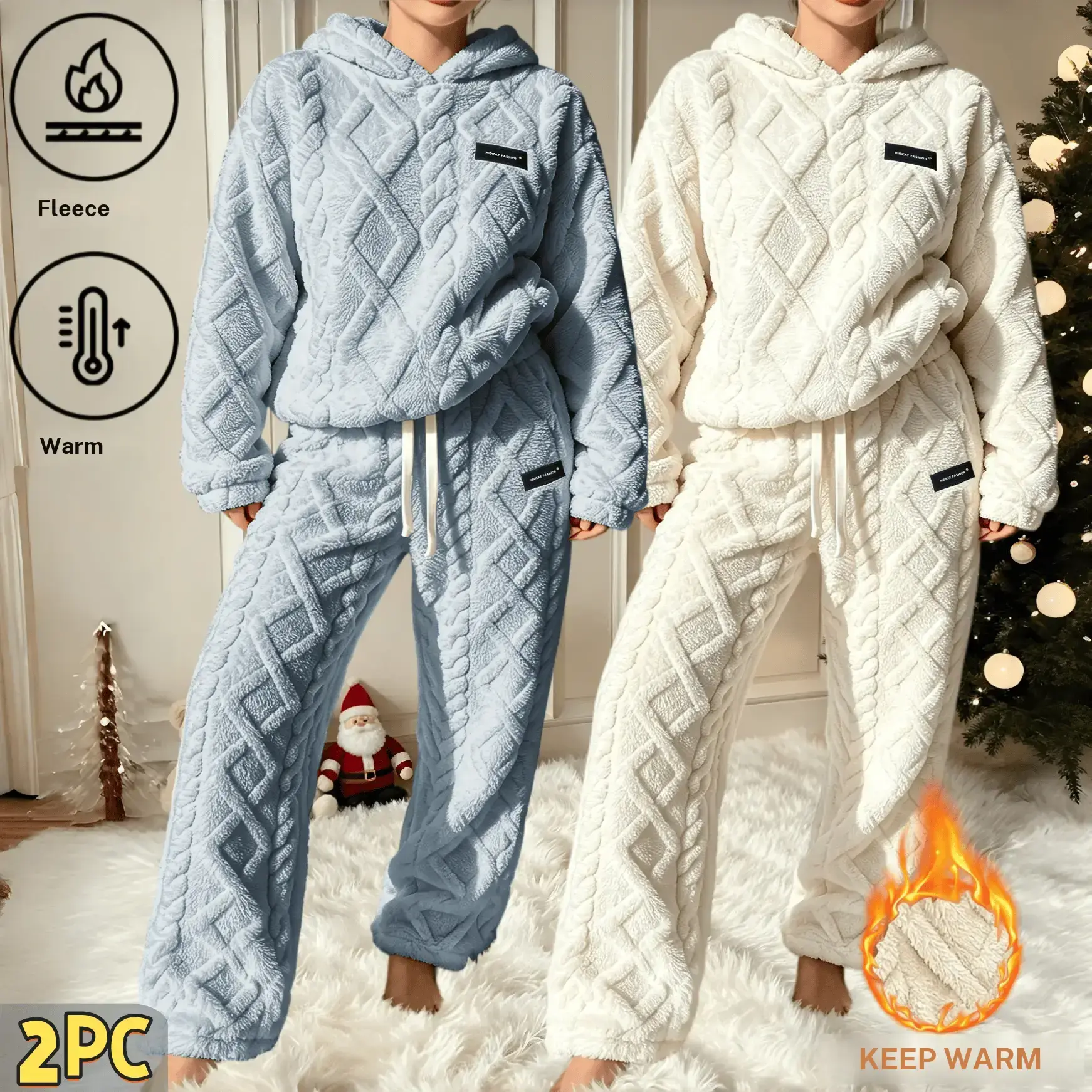 Women's hooded pajama set, 2 piece warm and comfortable home outfit, soft and thick fluffy hoodie+wide leg pants, autumn and winter pajamas, cute vacation home outfit, loose fitting women's pajamas, perfect choice for Christmas and night rest