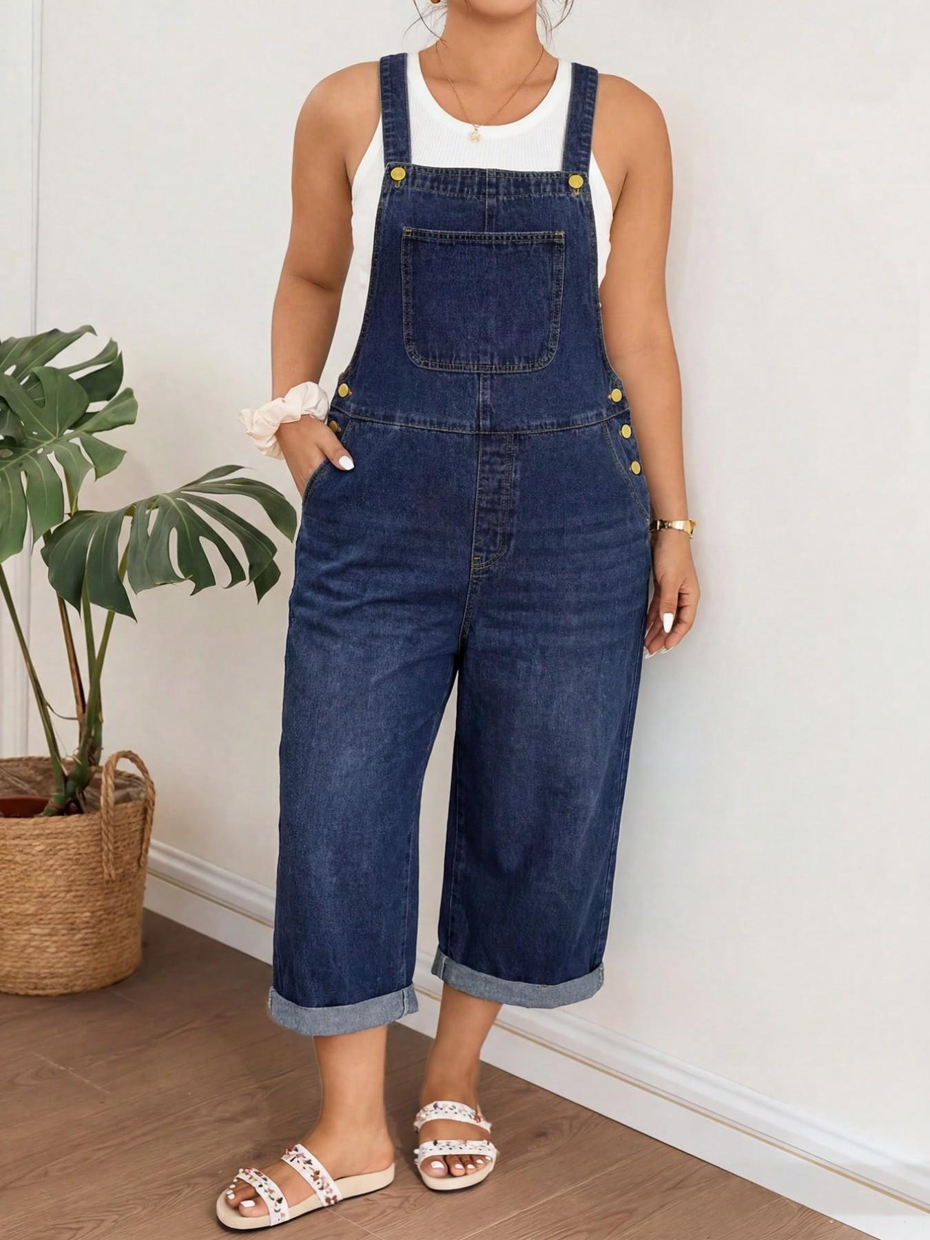 Plus Size Dark Wash Denim Capri Overalls, Side Button Detail Cuffed Raw Hem Loose Wide Leg Cropped Jumpsuit,Summer,Fall,Halloween,Back To School,Beach,Casual